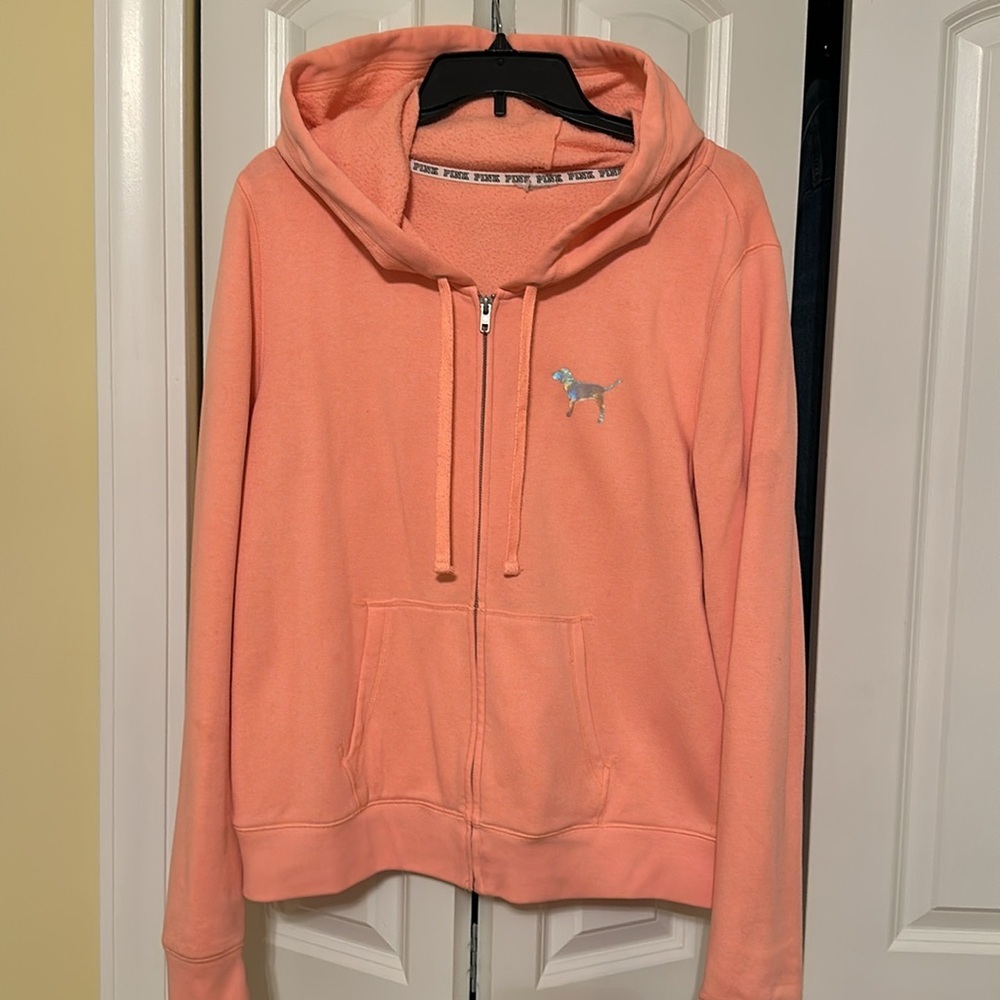 Victoria's Secret PINK Bling Full Zip Hoodie Peach Iridescent Holographic Logo L - Picture 2 of 8